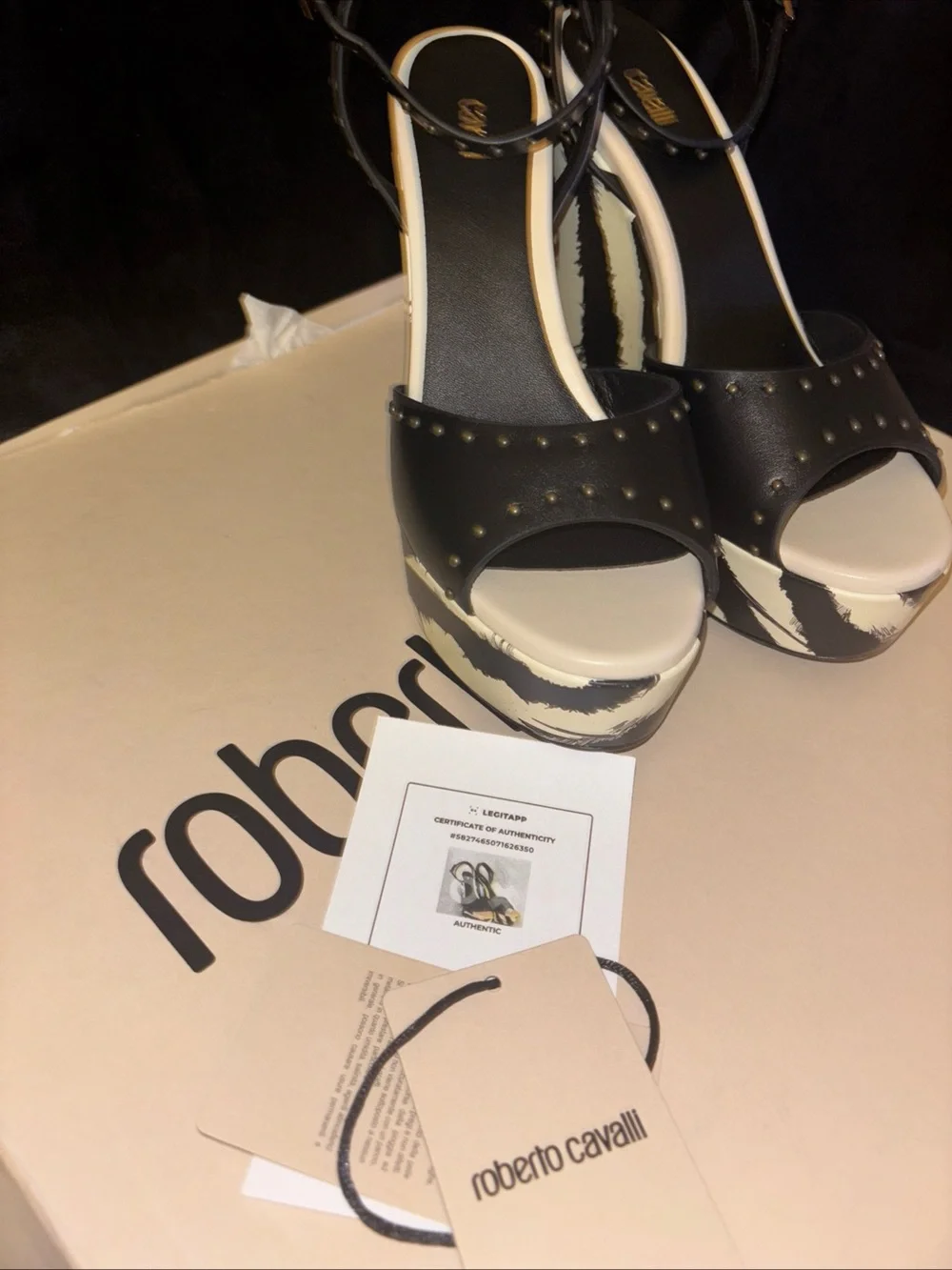 Roberto Cavalli freedom-print stud wedge NWT